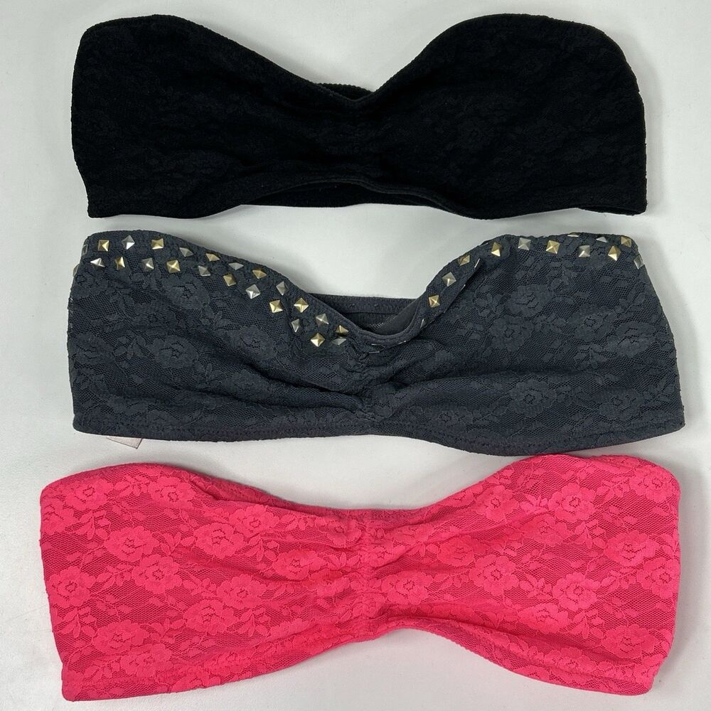 Victoria Secret PINK Lace Bandeau Lot Strapless Swim Bikini Top XS Black Gray